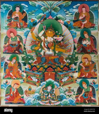 Padmasambhava ja kuningatar: Upeita värikkäitä yksityiskohtia ja mystisiä teemoja kuvatessaan 600-luvun Intian taidetta!